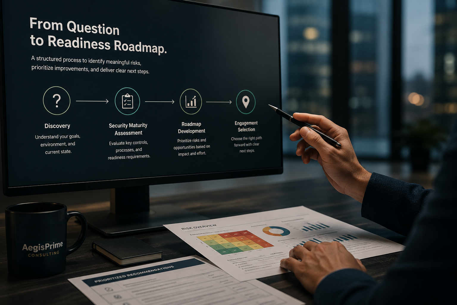 AegisPrime consulting process visual showing a question moving through discovery, assessment, roadmap development, and decision selection.